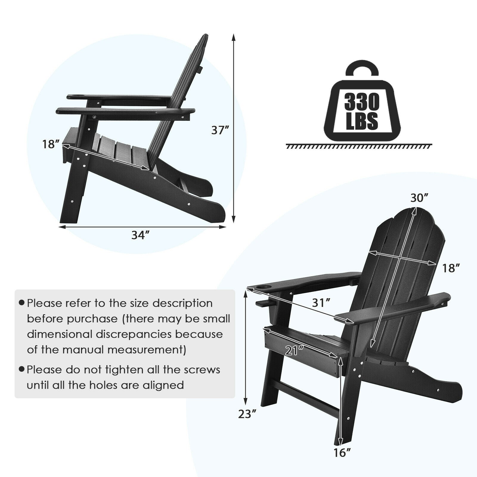 Dimensions and weight capacity of Outdoor Adirondack Chair with Built-in Cup Holder for Backyard Porch-Black