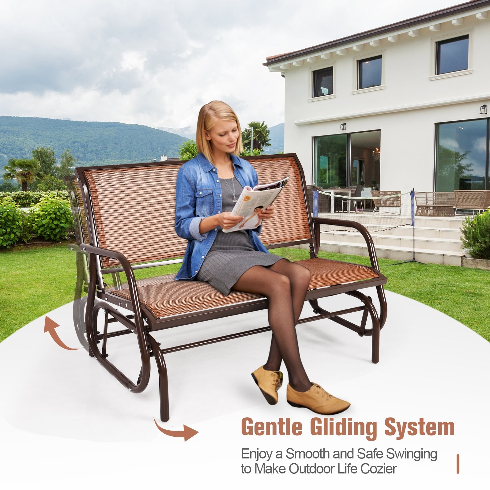 Swing Glider Chair 48 Inch Loveseat Rocker Lounge Backyard-Brown with gentle gliding system, suitable for outdoor relaxation.