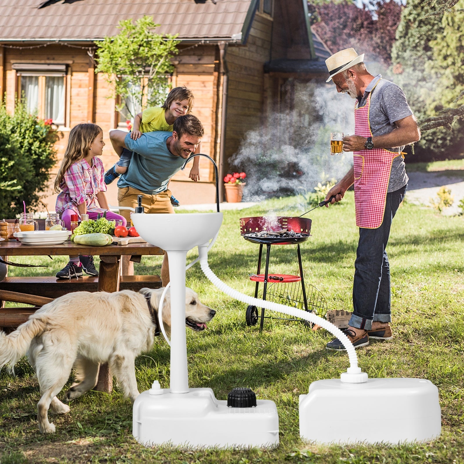 Camping Hand Wash Station Basin Stand with 4.5 Gallon Tank in use during outdoor family barbecue.