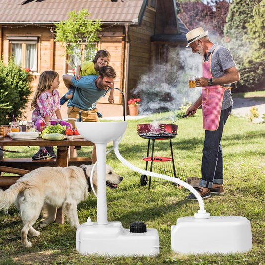 Camping Hand Wash Station Basin Stand with 4.5 Gallon Tank in use during outdoor family barbecue.