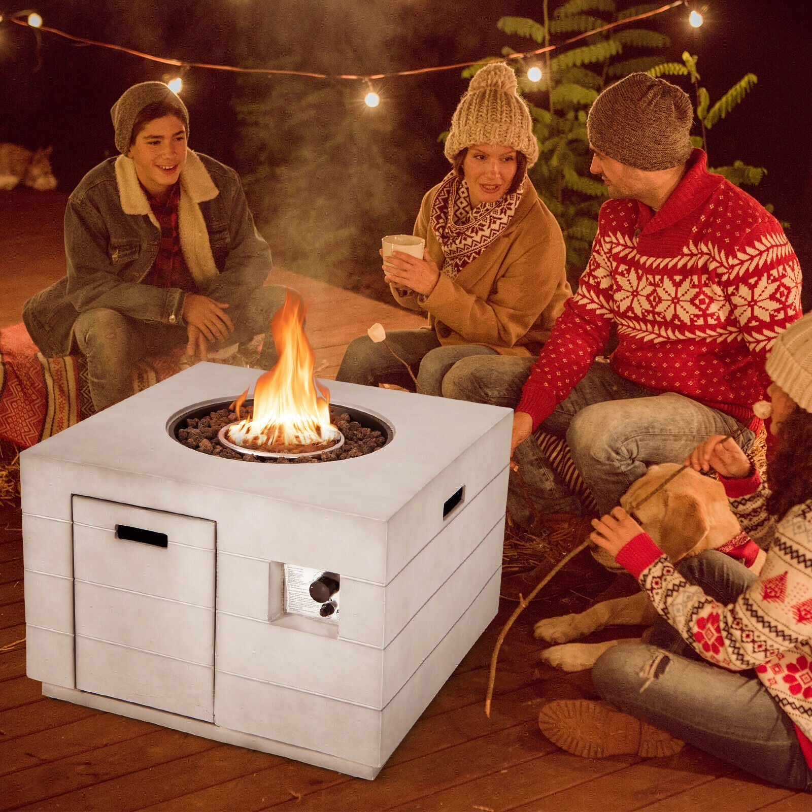 34 Inch Square Concrete Propane Fire Pit Table with Lava Rocks and Cover 50 000 BTU-Gray on patio with people