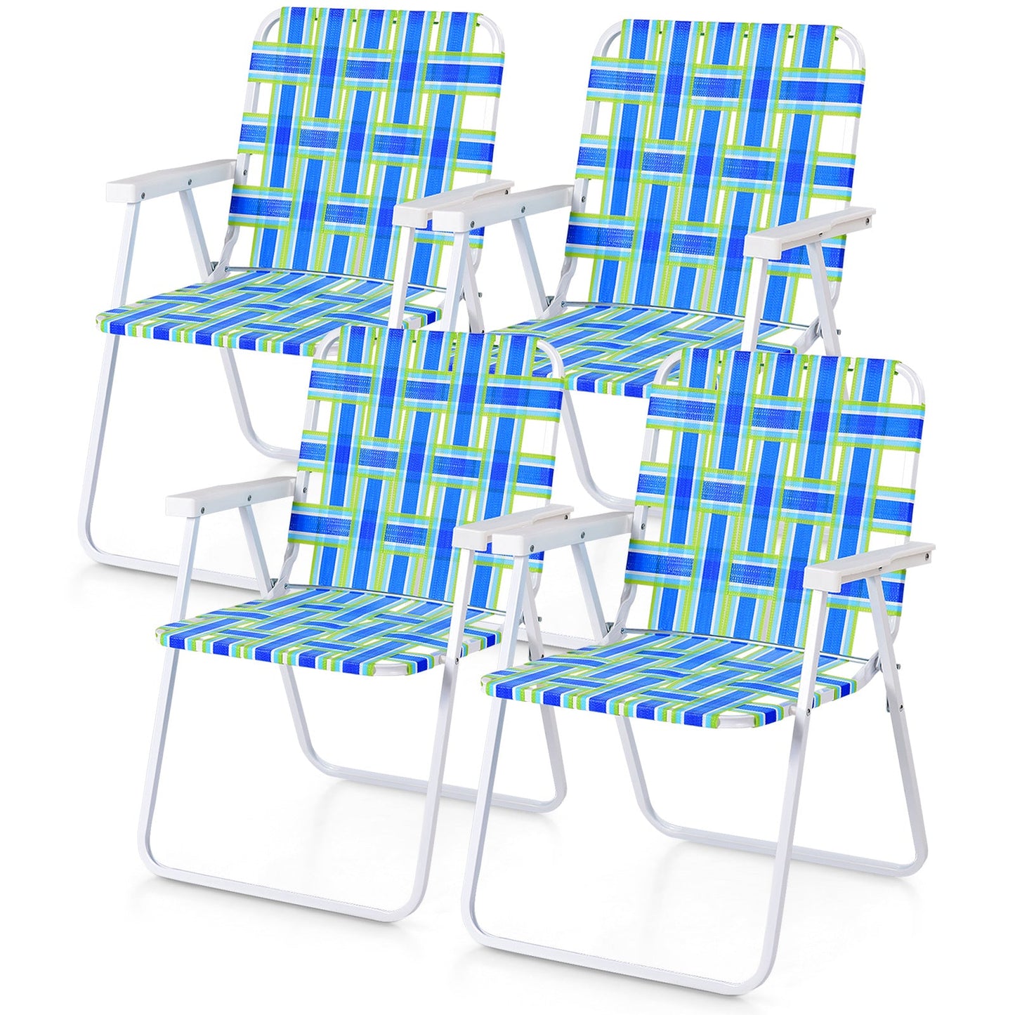 4 Pieces Folding Beach Chair Camping Lawn Webbing Chair-Blue with steel frame and fade-resistant design, ideal for outdoor activities.