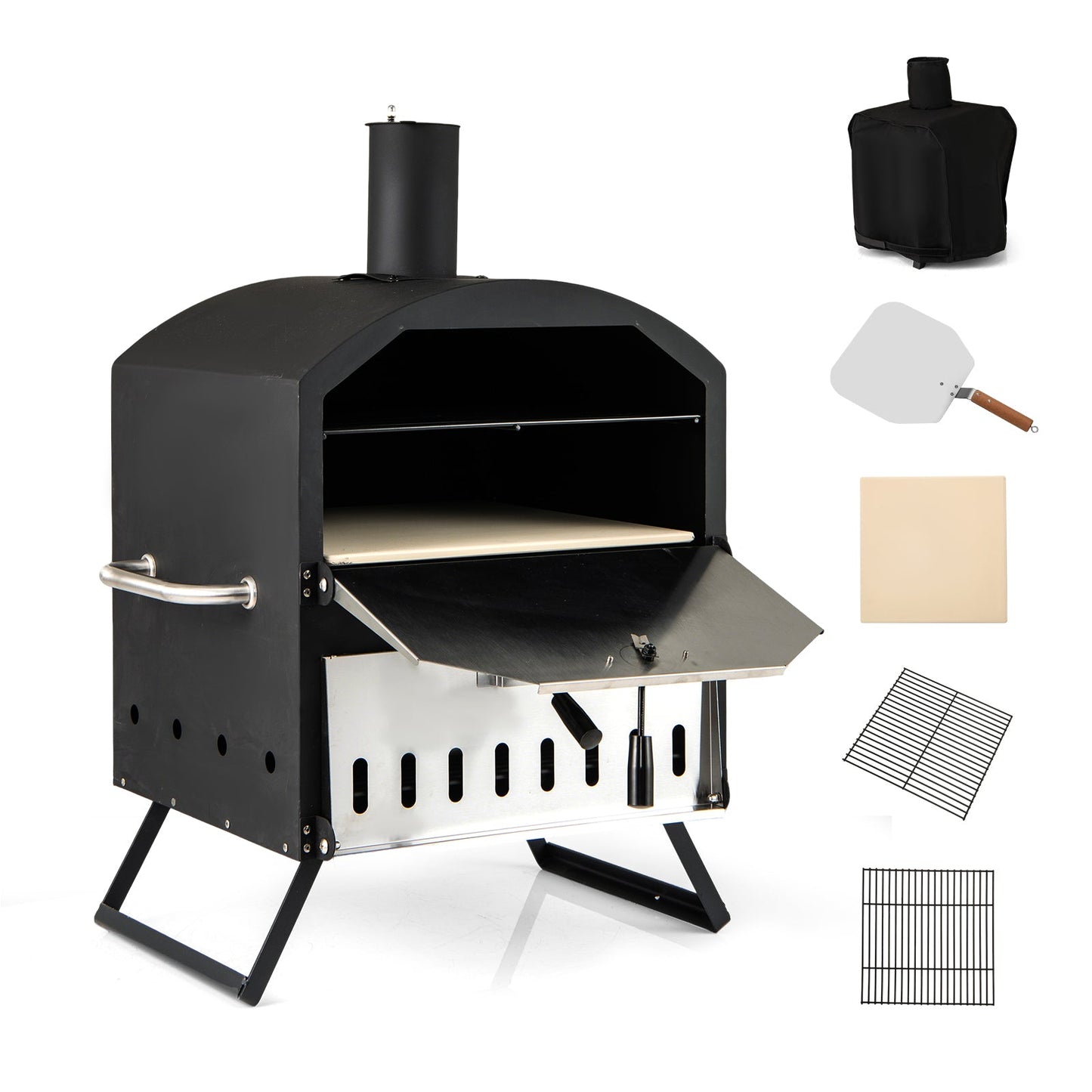 12 Inch Outdoor Pizza Oven with Pizza Stone for Patio Backyard Camping BBQ-Black with accessories