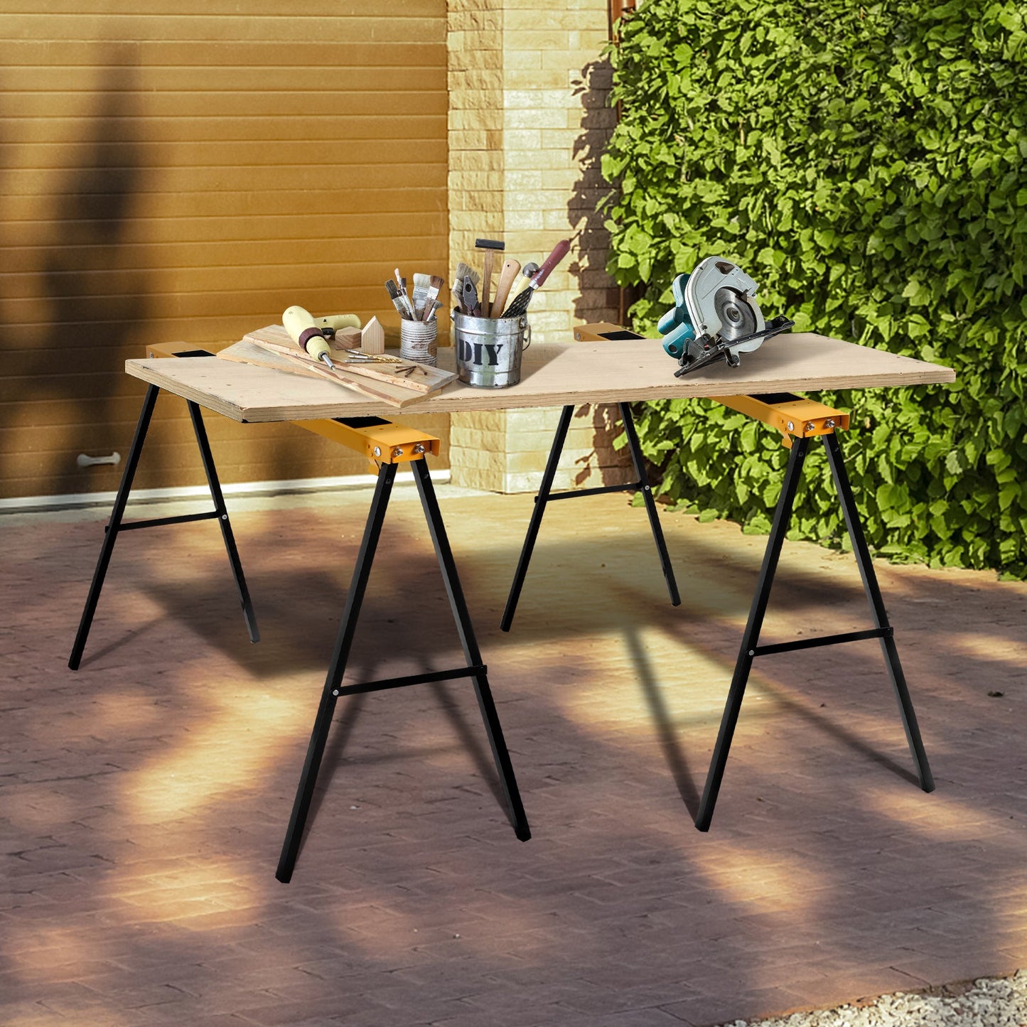 Outdoor setup using 2 Pack Heavy Duty Sawhorse with Steel Folding Legs for woodworking projects on a sunny day.