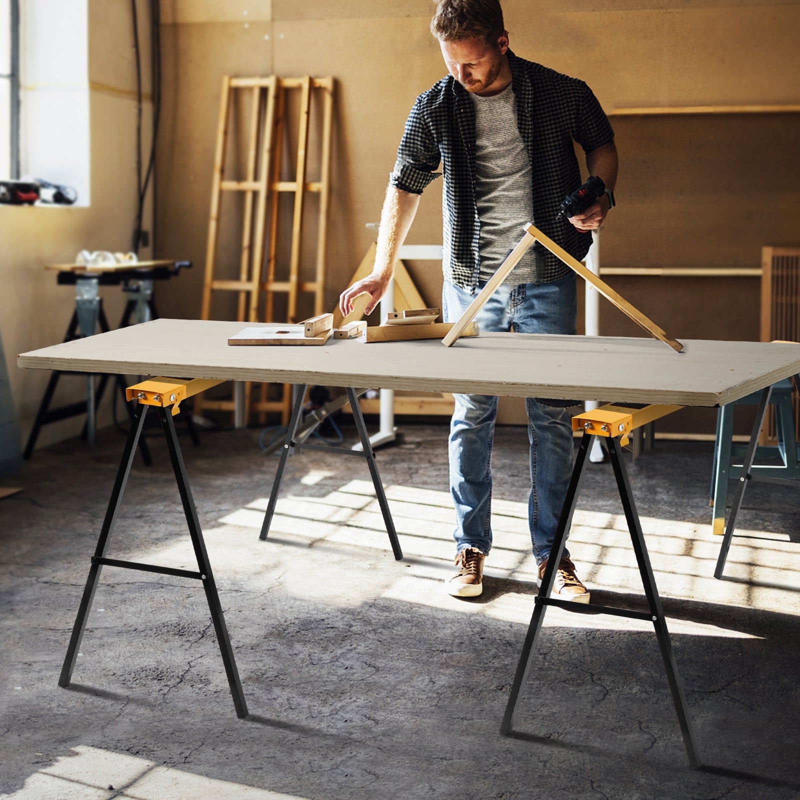 Woodworker using 2 Pack Heavy Duty Sawhorse with Steel Folding Legs for carpentry project in workshop.
