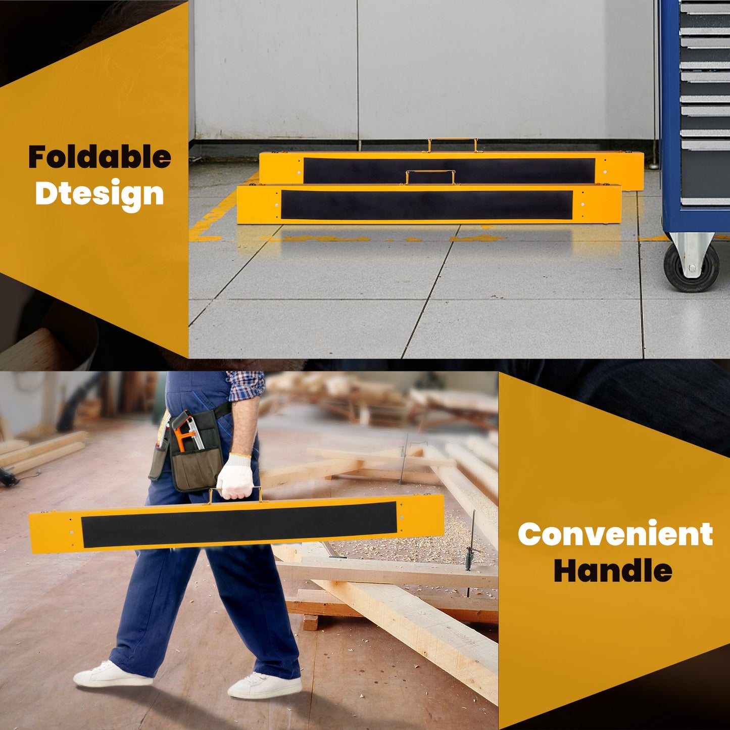 2 Pack Heavy Duty Sawhorse with Steel Folding Legs showcasing foldable design and convenient handle for portability.