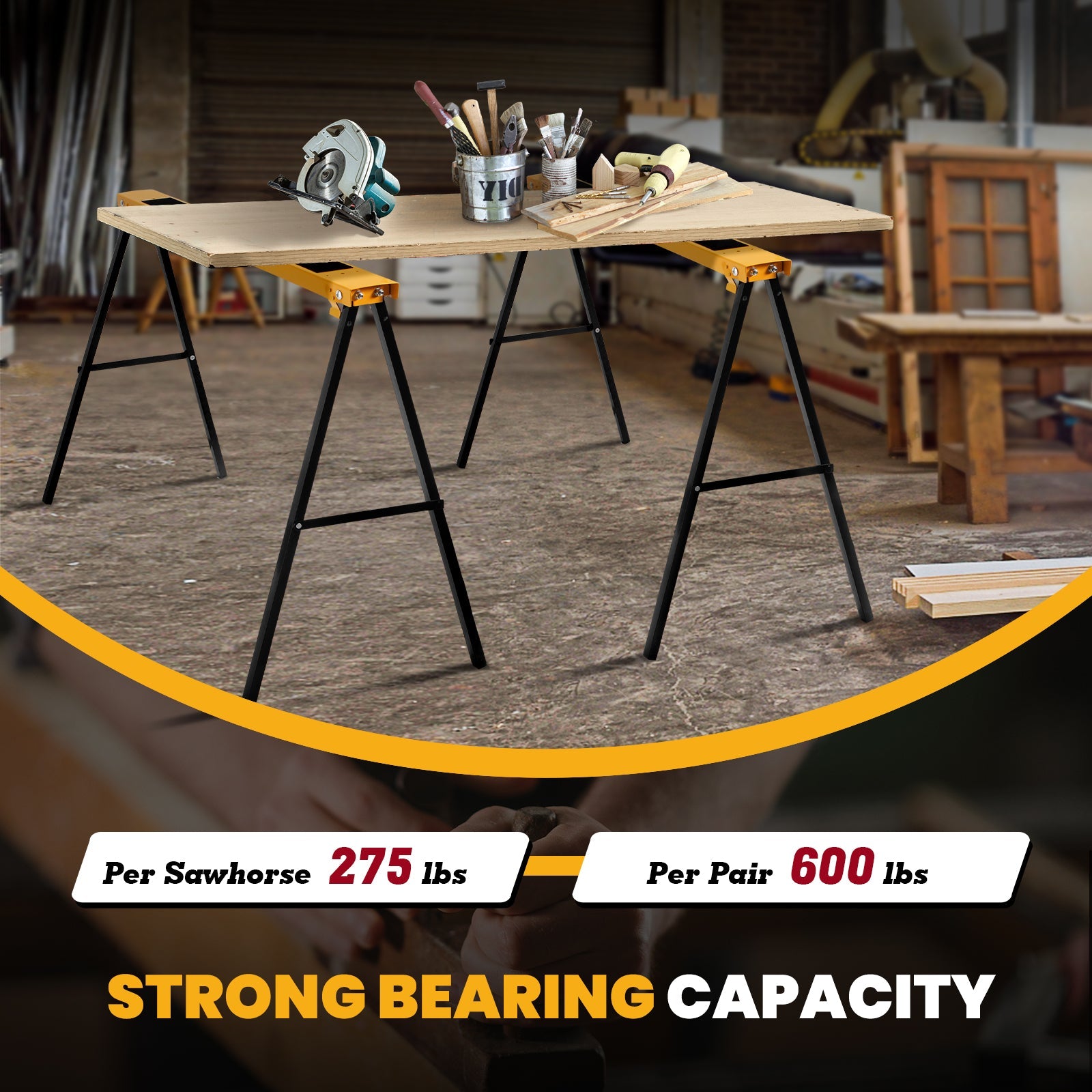 Workshop setup with 2 Pack Heavy Duty Sawhorse with Steel Folding Legs holding tools and materials, 275 lbs capacity per sawhorse.