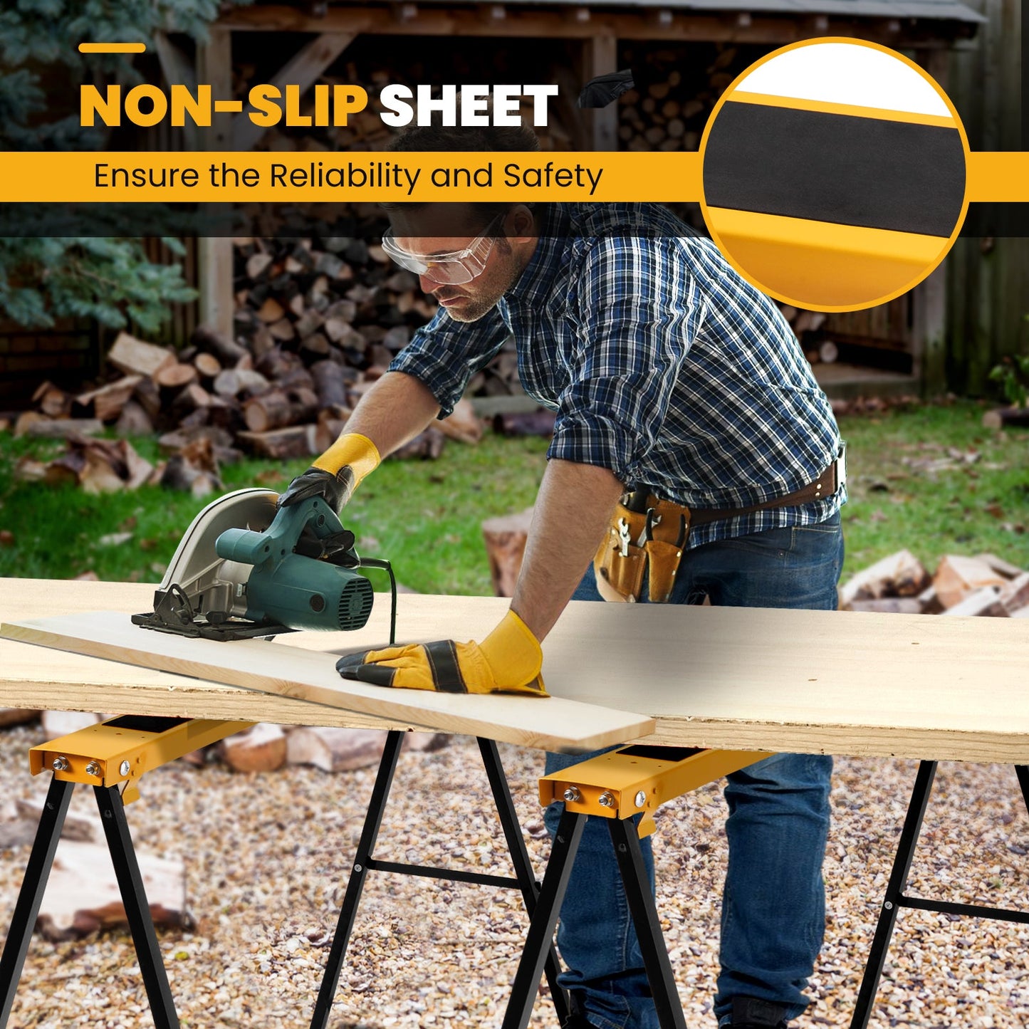 Man using circular saw on 2 Pack Heavy Duty Sawhorse with Steel Folding Legs in garden, highlighting non-slip sheet feature.