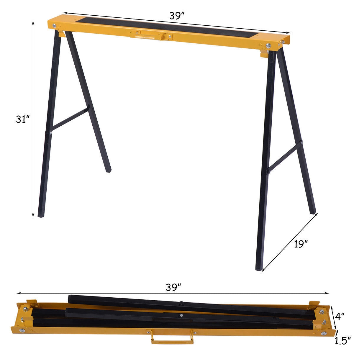 2 Pack Heavy Duty Sawhorse with Steel Folding Legs in open and folded configurations, showcasing compact design and durability.