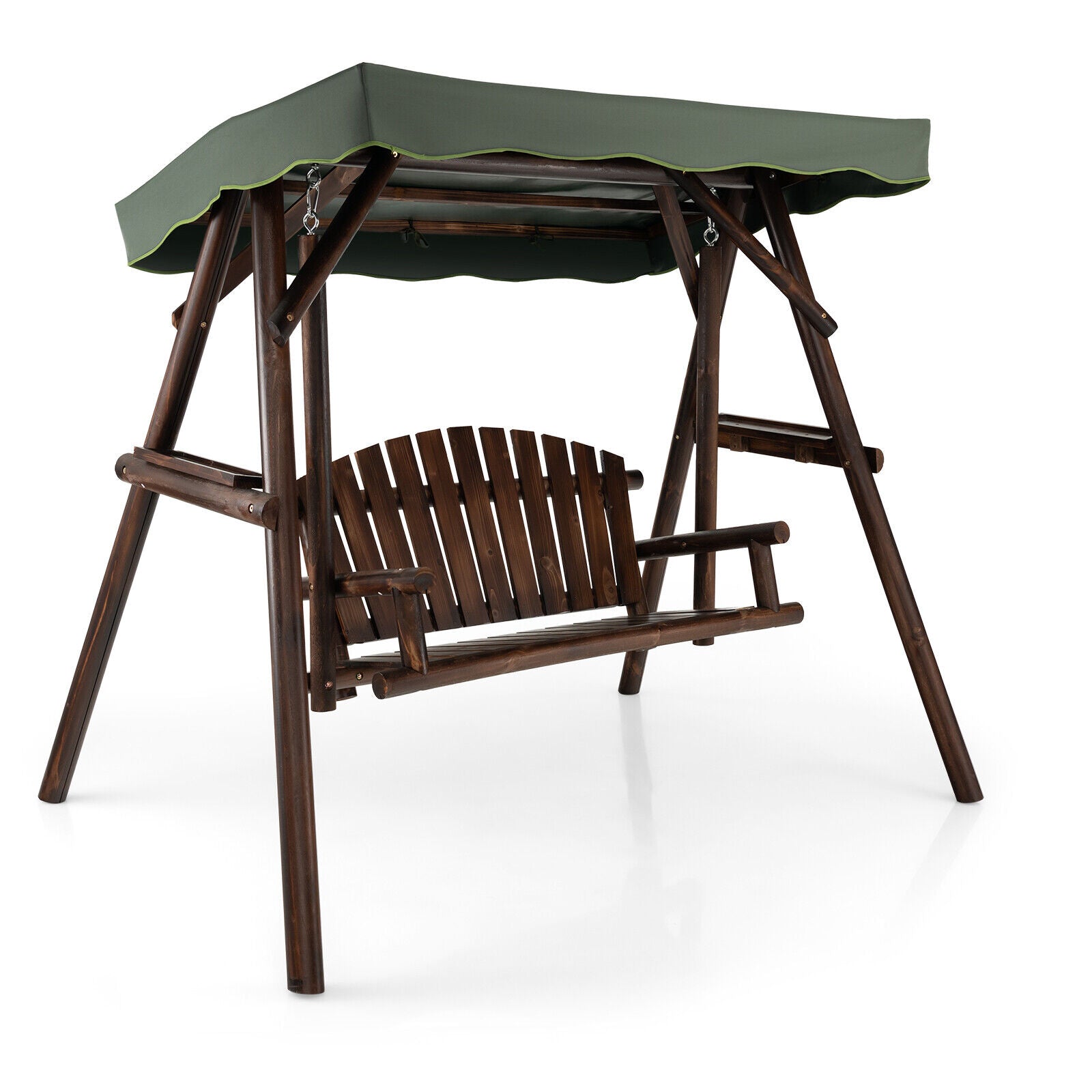 2-Person Outdoor Wooden Porch Swing with an Adjustable Canopy for garden relaxation with green fabric canopy and wooden frame.