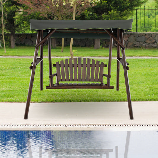 2-Person Outdoor Wooden Porch Swing with an Adjustable Canopy by a pool and green garden