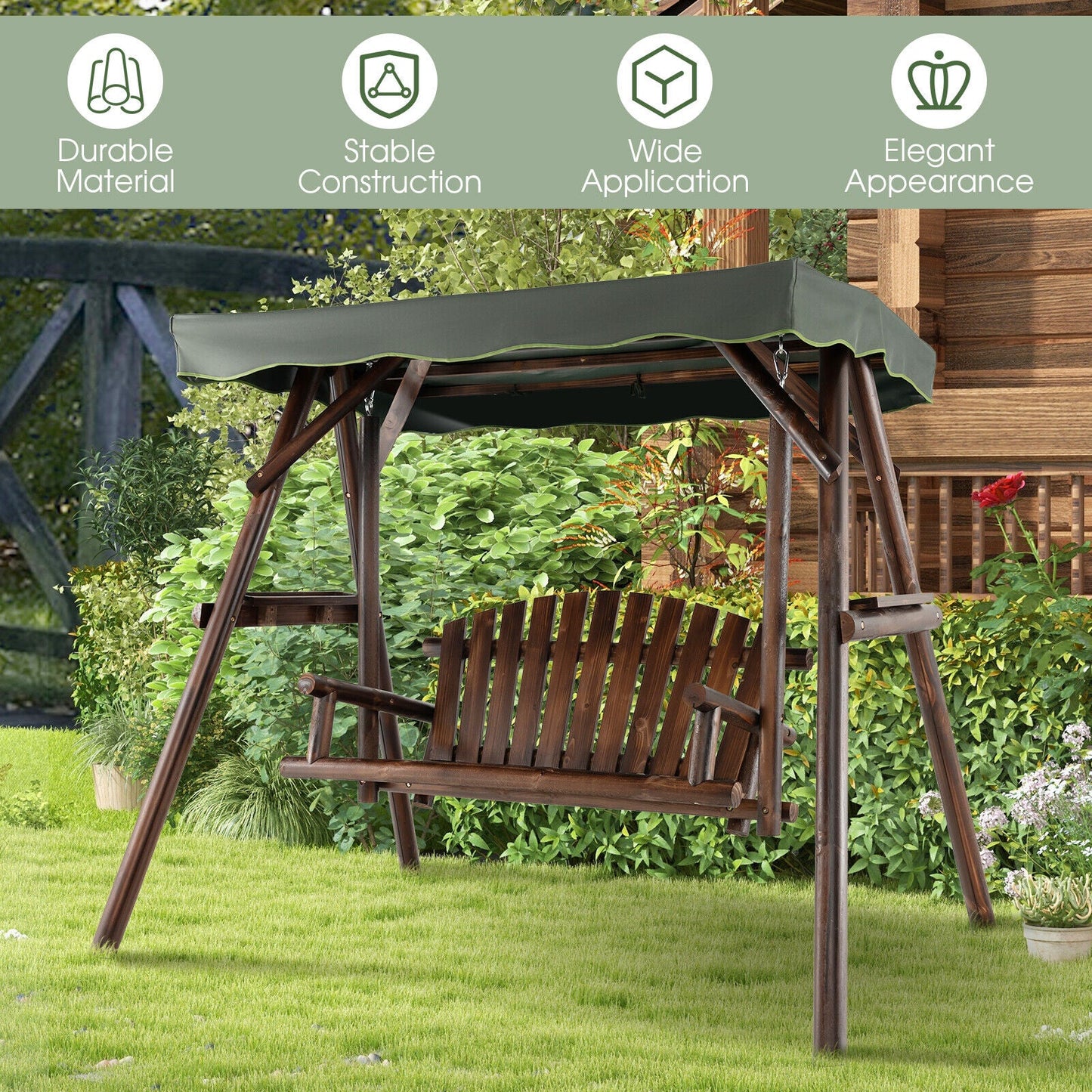2-Person Outdoor Wooden Porch Swing with an Adjustable Canopy in garden setting.