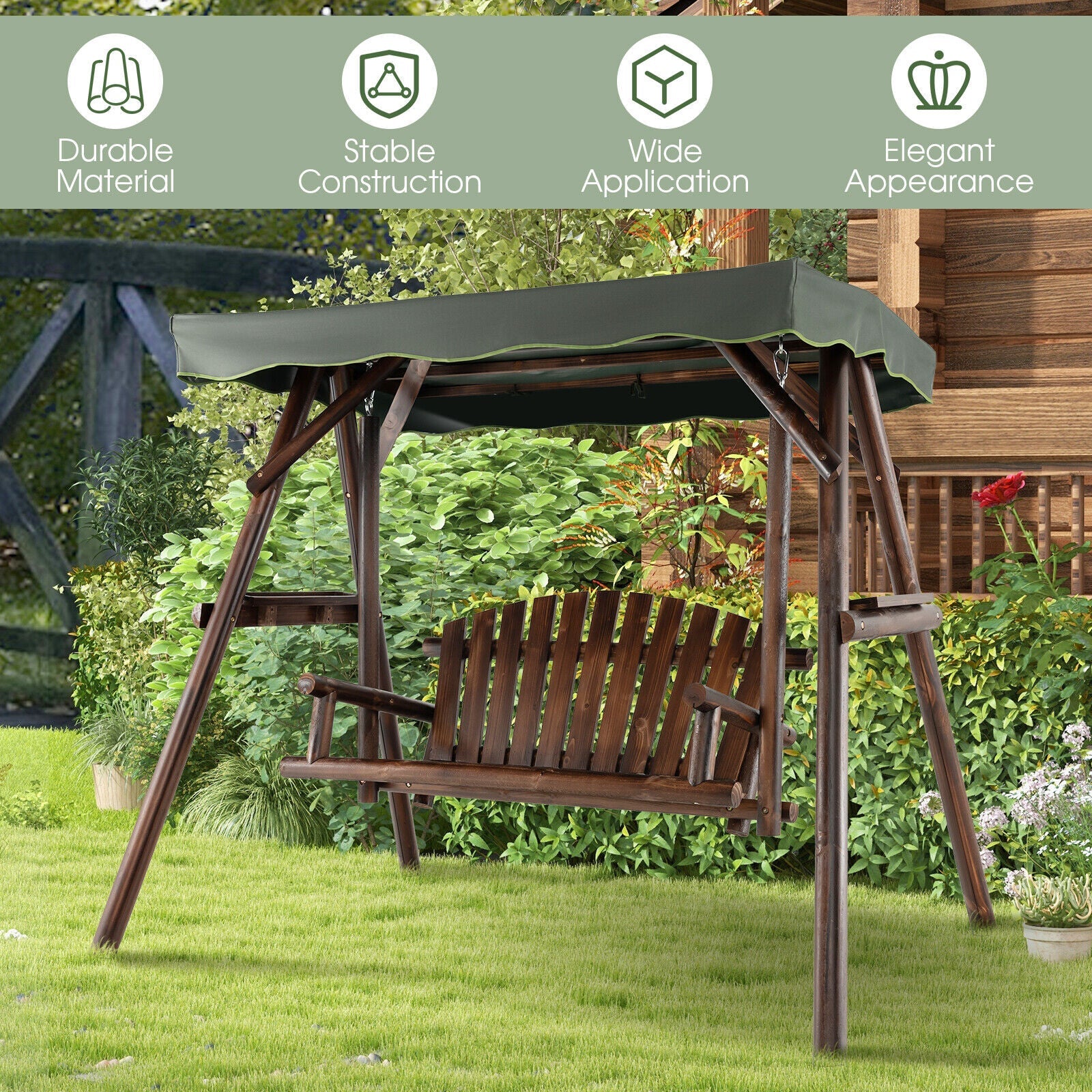 2-Person Outdoor Wooden Porch Swing with an Adjustable Canopy in garden setting.