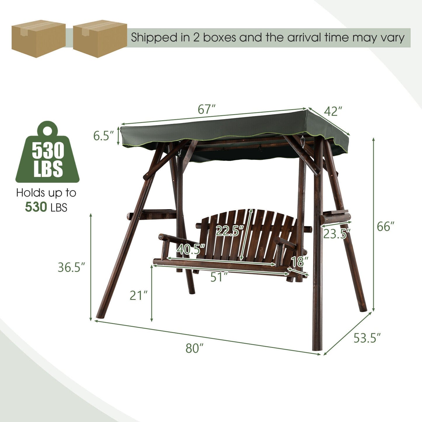 2-Person Outdoor Wooden Porch Swing with an Adjustable Canopy, holds 530 lbs, dimensions listed, features solid fir wood and oxford fabric.