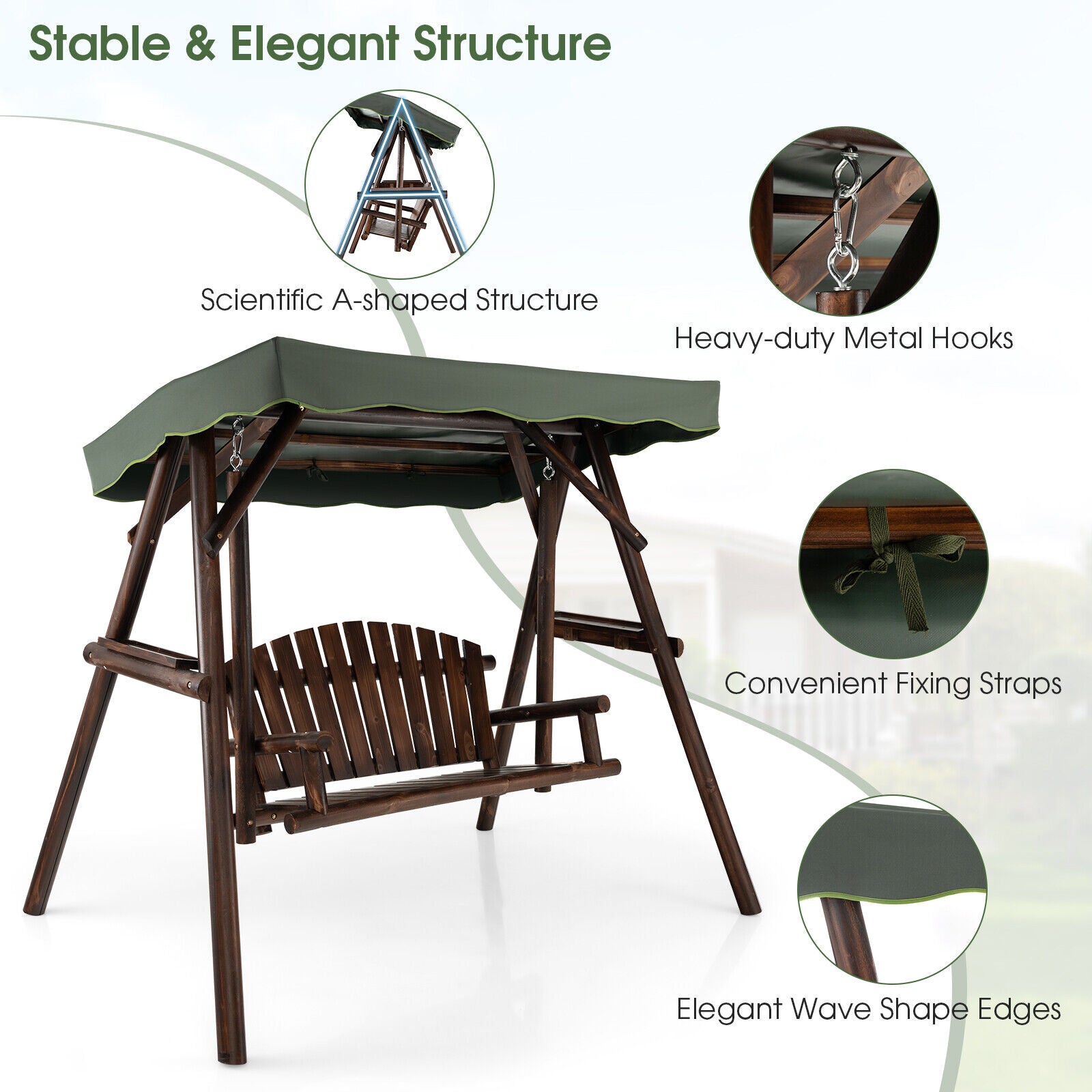 Stable and elegant 2-Person Outdoor Wooden Porch Swing with an Adjustable Canopy featuring A-shaped structure and fixing straps.