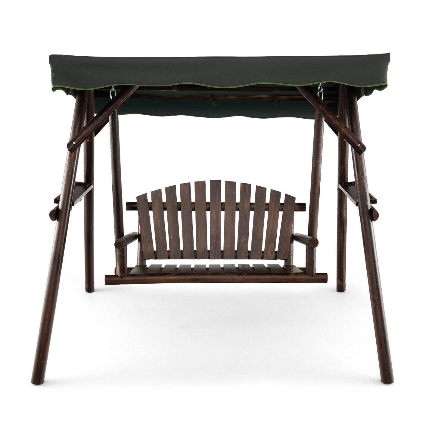 2-Person Outdoor Wooden Porch Swing with an Adjustable Canopy made from carbonized fir wood, featuring an A-shaped frame and adjustable canopy.