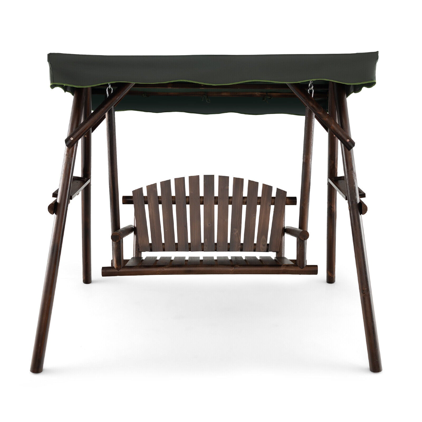 2-Person Outdoor Wooden Porch Swing with an Adjustable Canopy made from carbonized fir wood, featuring an A-shaped frame and adjustable canopy.