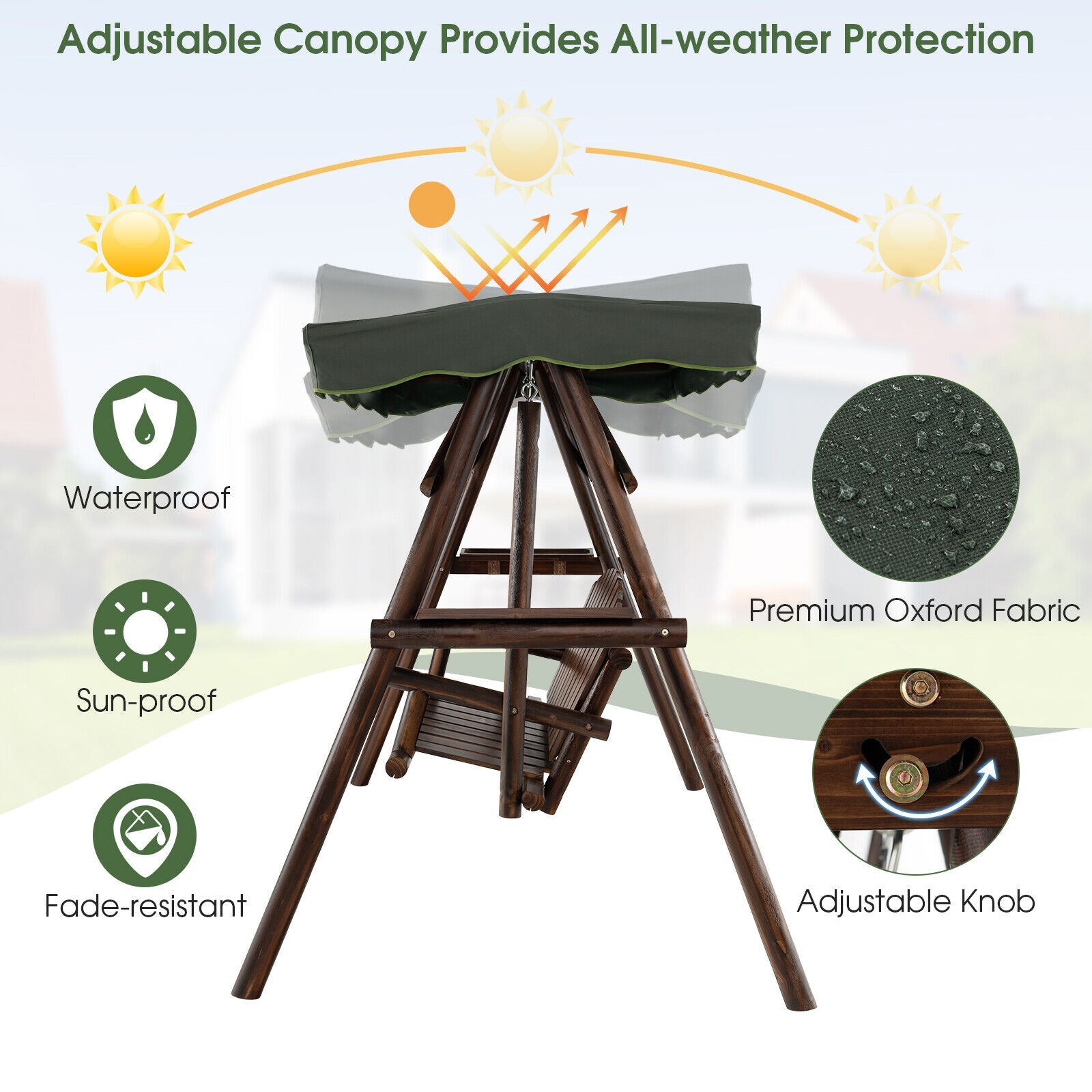 2-Person Outdoor Wooden Porch Swing with an Adjustable Canopy featuring weatherproof oxford fabric, waterproof and sunproof protection.