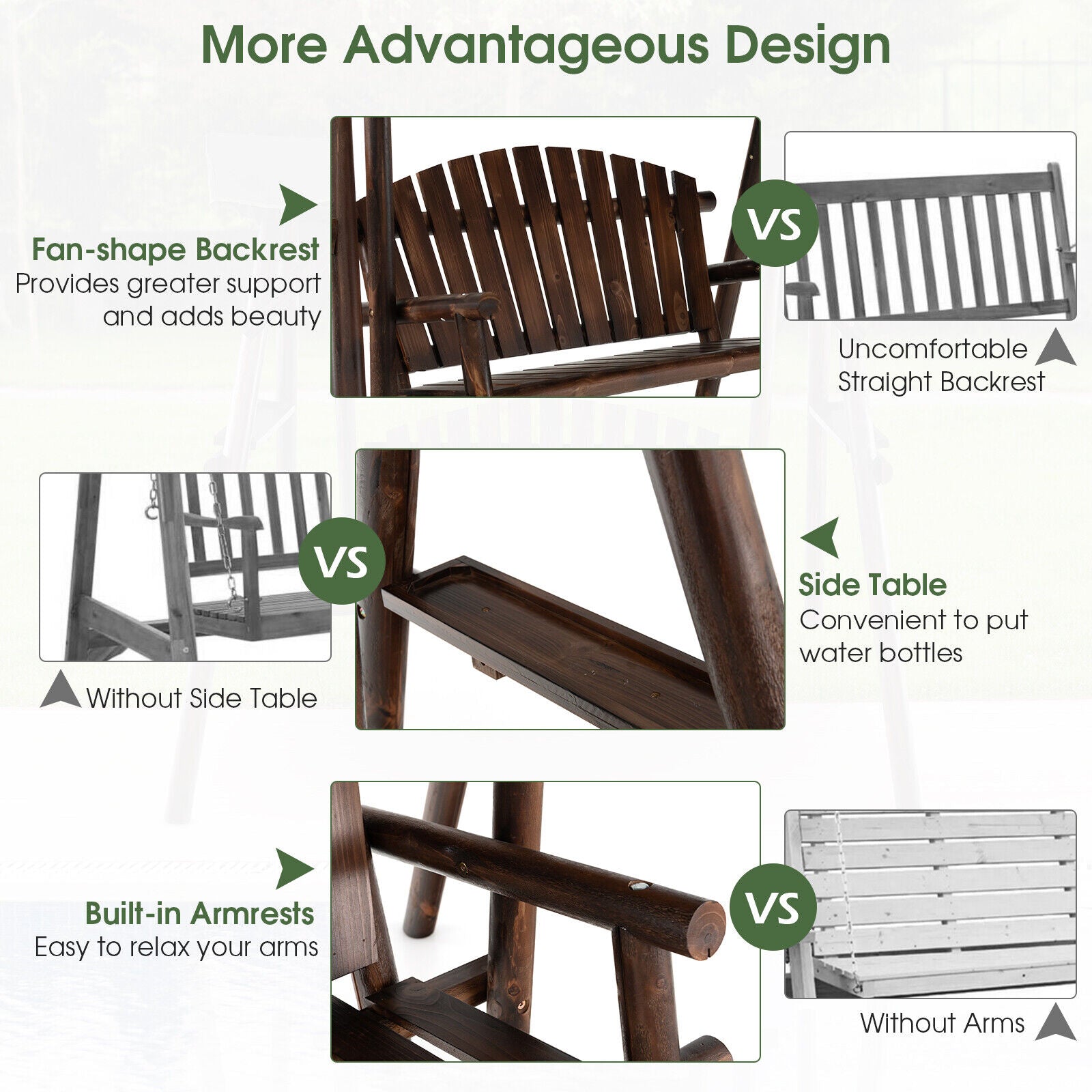 Comparison of features for a 2-Person Outdoor Wooden Porch Swing with an Adjustable Canopy, showing backrest, side table, and armrests.