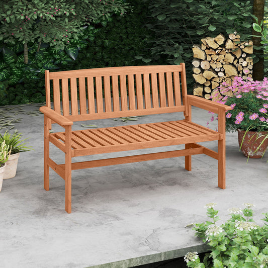 2-Person Patio Loveseat with Slatted Backrest and Comfortable Armrests made of solid wood on a garden patio
