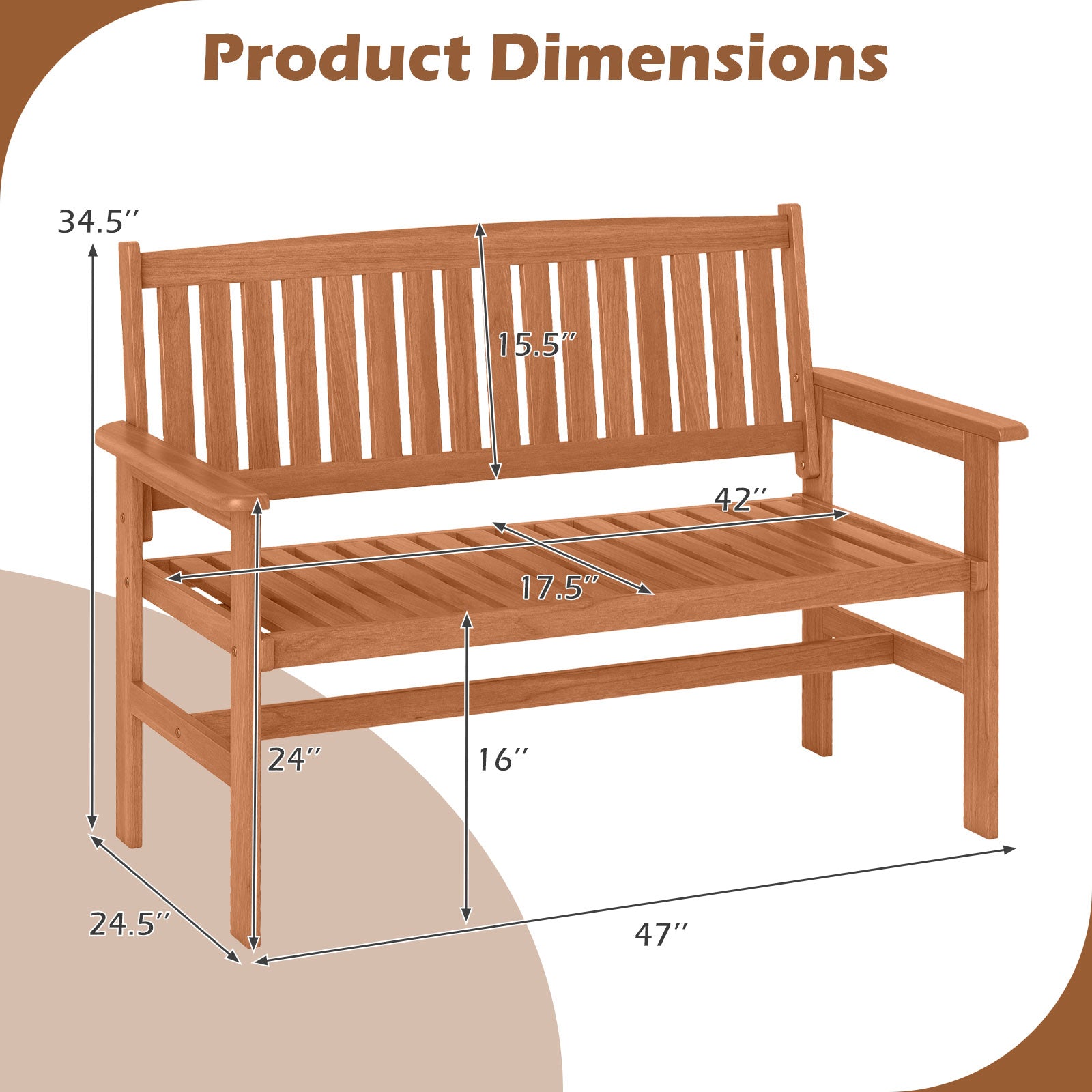 Dimensions of 2-Person Patio Loveseat with Slatted Backrest and Comfortable Armrests, showing width, height, and seat measurements.