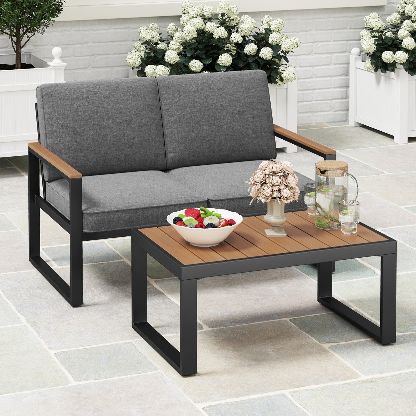 2 Piece Patio Aluminum Furniture Set with Wood-Plastic Armrests and Tabletop-Gray, ideal for outdoor seating and garden decor.