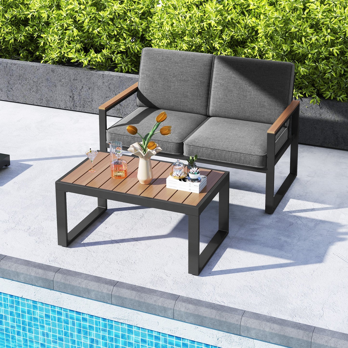 2 Piece Patio Aluminum Furniture Set with Wood-Plastic Armrests and Tabletop-Gray by the pool on a sunny day
