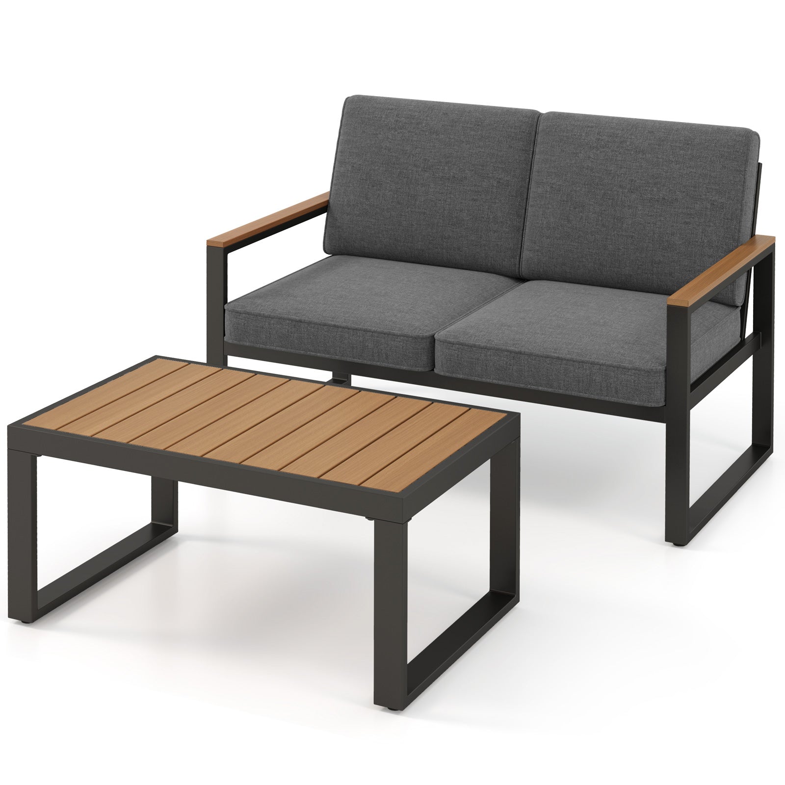 2 Piece Patio Aluminum Furniture Set with Wood-Plastic Armrests and Tabletop-Gray featuring loveseat and table