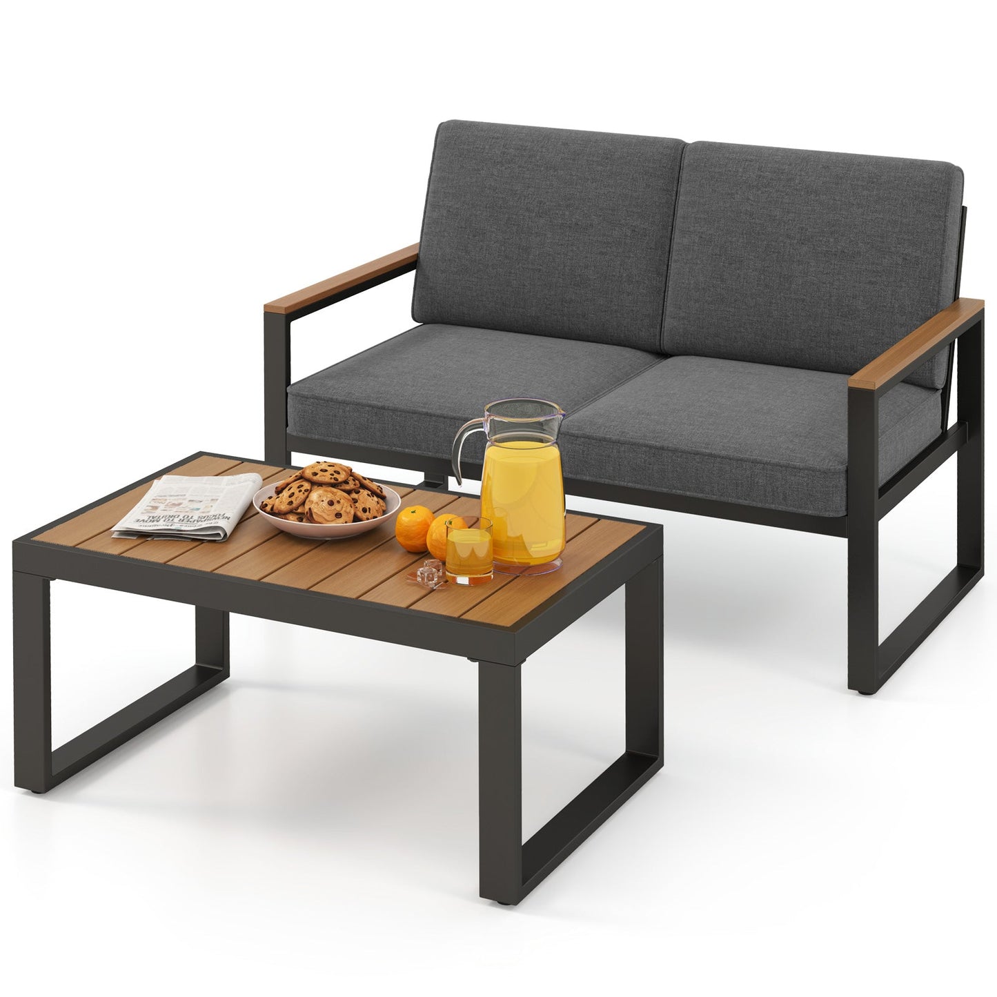 2 Piece Patio Aluminum Furniture Set with Wood-Plastic Armrests and Tabletop-Gray, featuring loveseat and table with decor