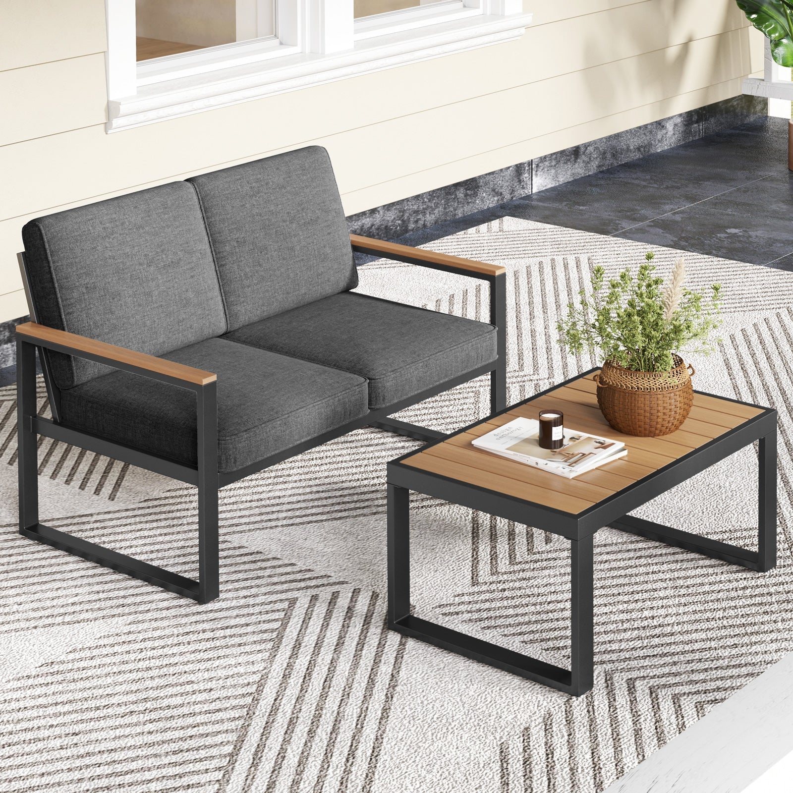 2 Piece Patio Aluminum Furniture Set with Wood-Plastic Armrests and Tabletop-Gray on outdoor patio