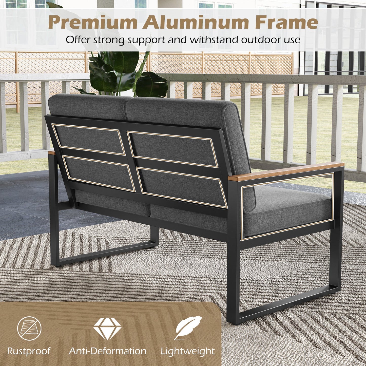 2 Piece Patio Aluminum Furniture Set with Wood-Plastic Armrests and Tabletop-Gray, featuring a rustproof and sturdy frame on a patio.