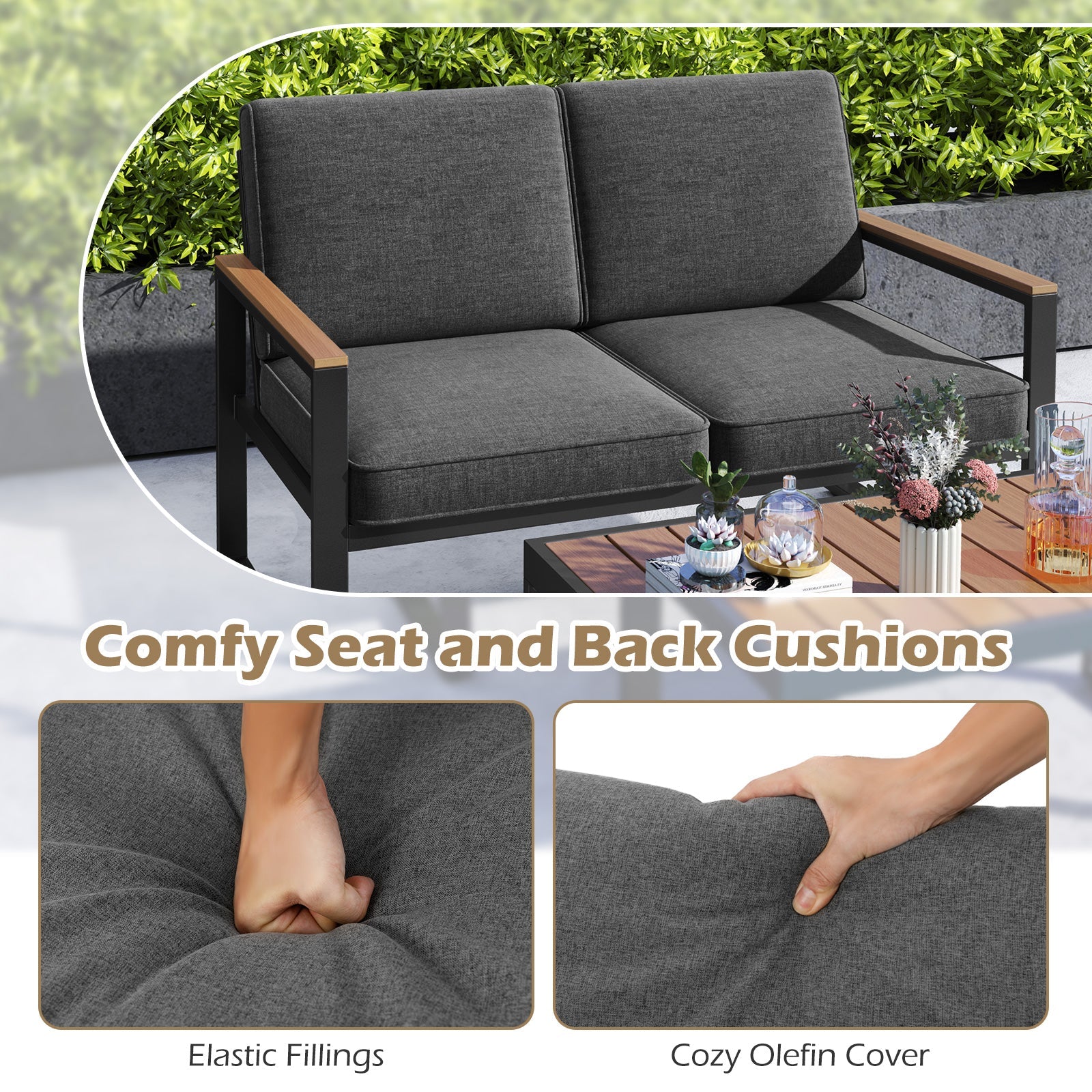 Gray 2 Piece Patio Aluminum Furniture Set with Wood-Plastic Armrests and Tabletop featuring cozy Olefin cushions