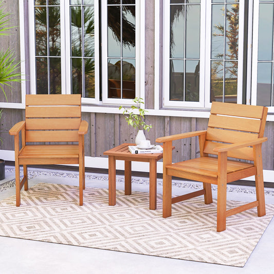 2 Piece Patio Hardwood Chair with Slatted Seat and Inclined Backrest set on a patio with a small table.