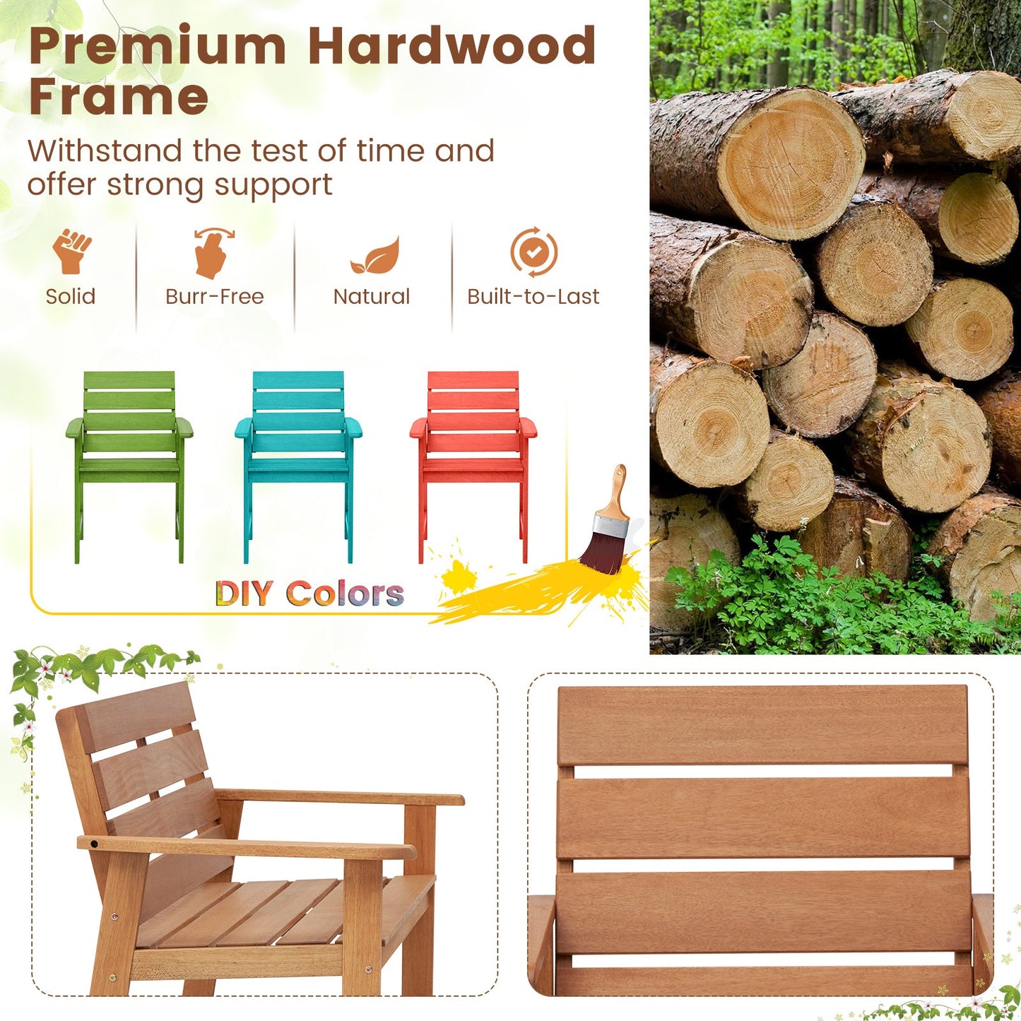 2 Piece Patio Hardwood Chair with Slatted Seat and Inclined Backrest showcasing premium hardwood, DIY colors, and natural durability.