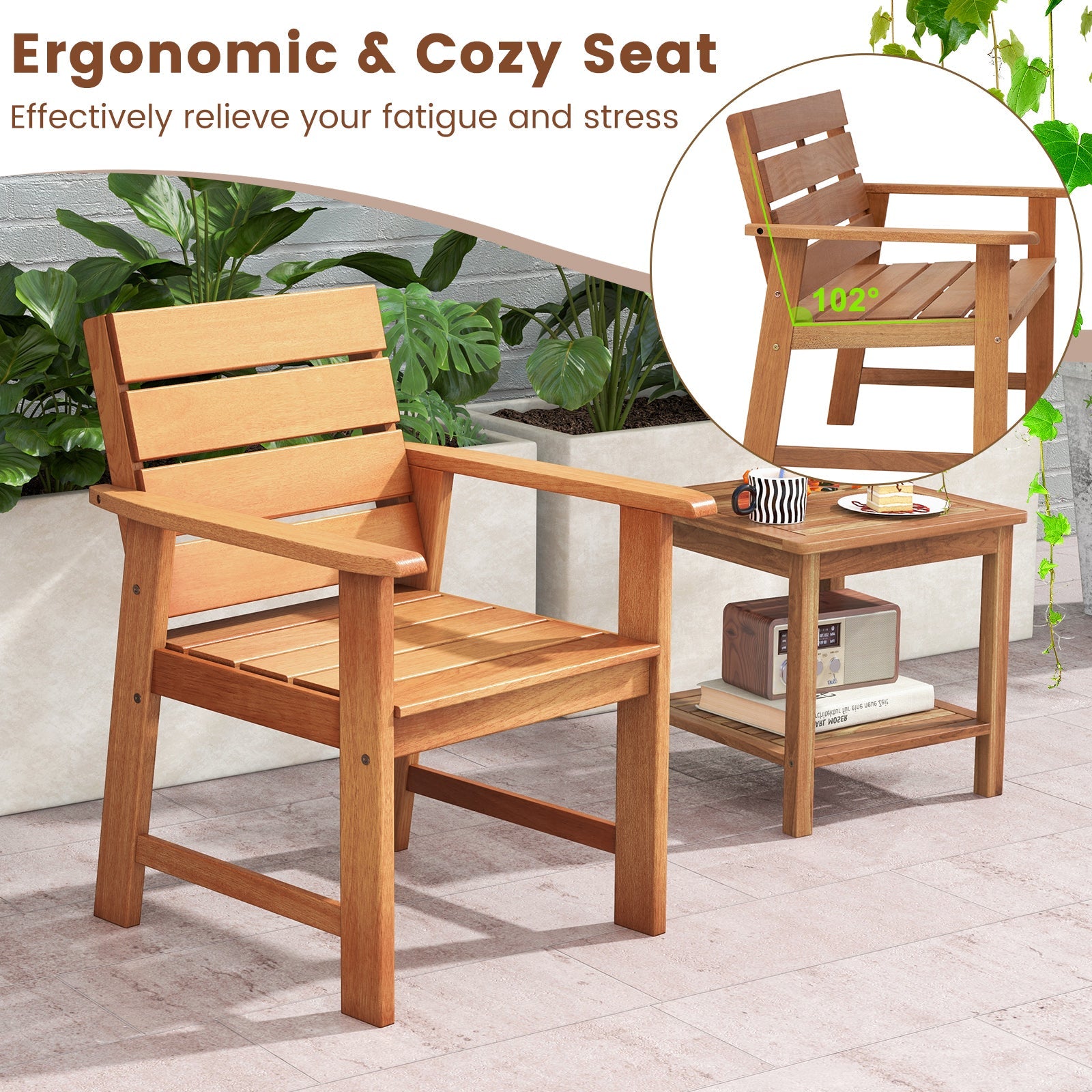 2 Piece Patio Hardwood Chair with Slatted Seat and Inclined Backrest in outdoor setting next to a small table with plants
