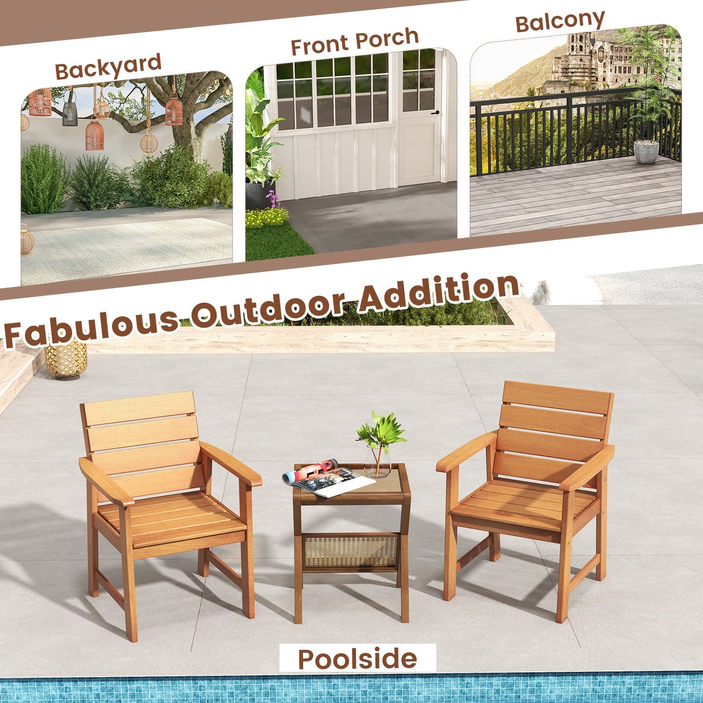 2 Piece Patio Hardwood Chair with Slatted Seat and Inclined Backrest by the poolside, perfect outdoor furniture addition for relaxation.