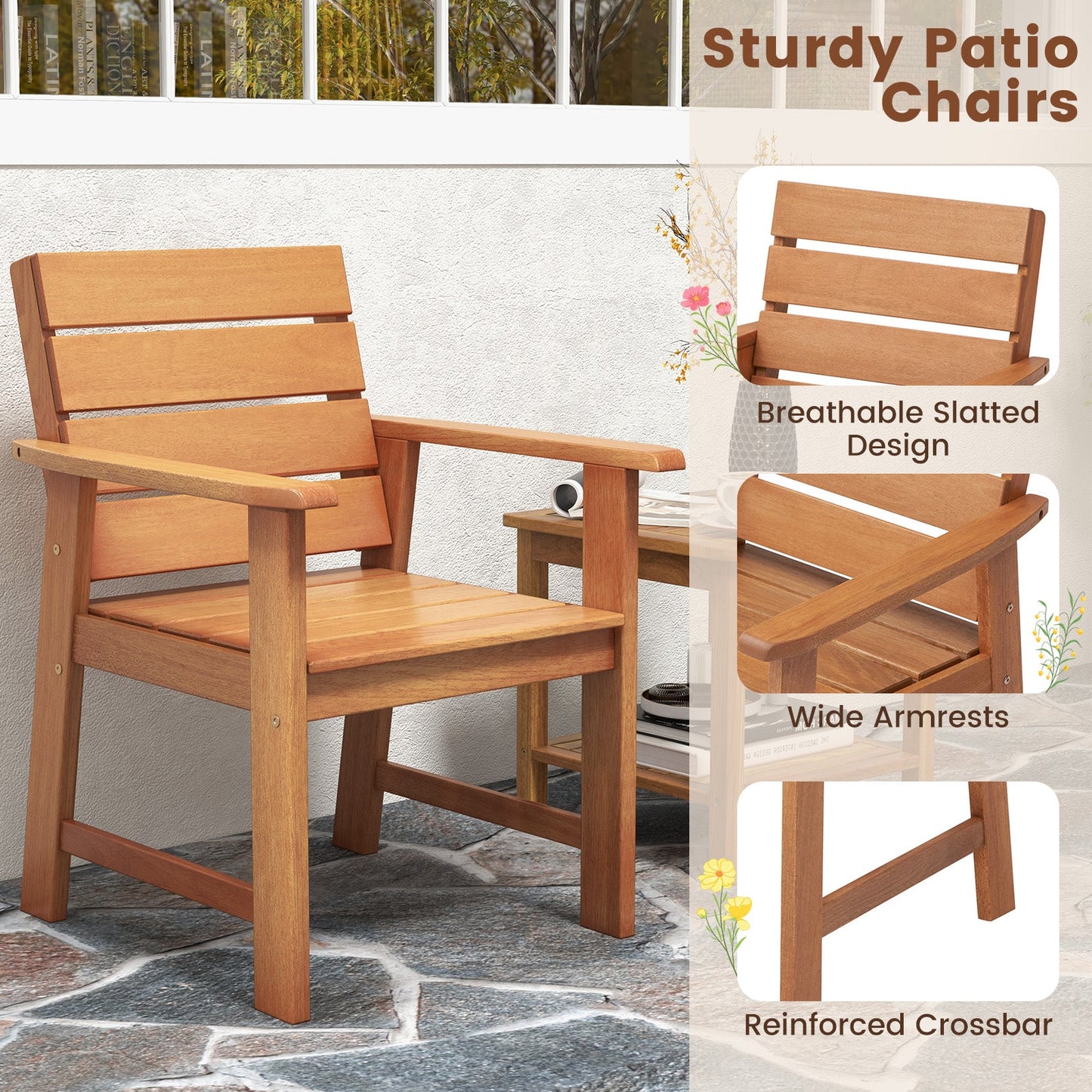 2 Piece Patio Hardwood Chair with Slatted Seat and Inclined Backrest featuring breathable slatted design and wide armrests