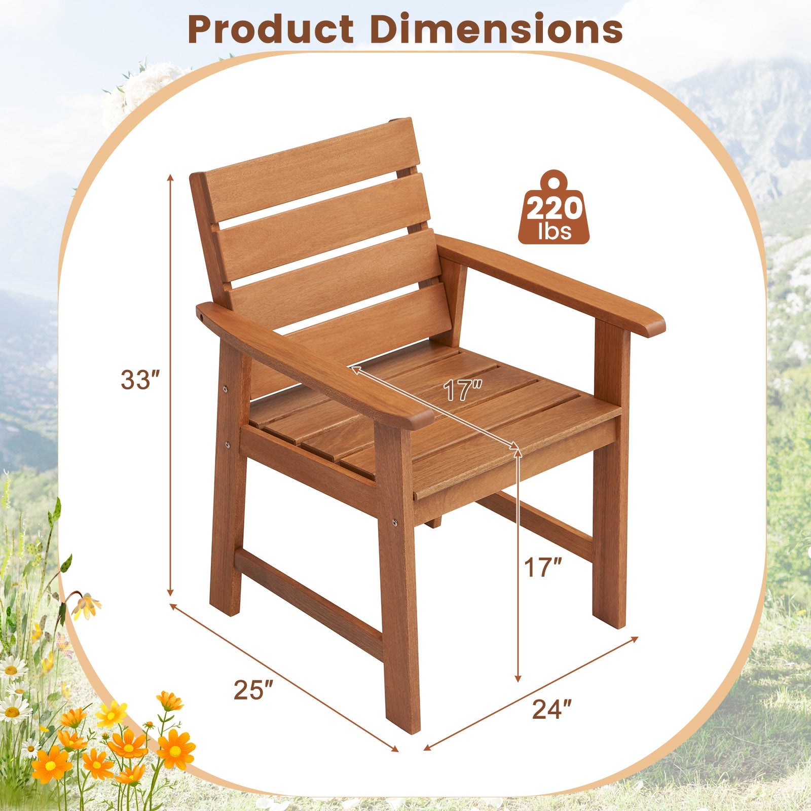2 Piece Patio Hardwood Chair with Slatted Seat and Inclined Backrest, product dimensions 33"H x 25"W x 24"D, 220 lbs weight capacity