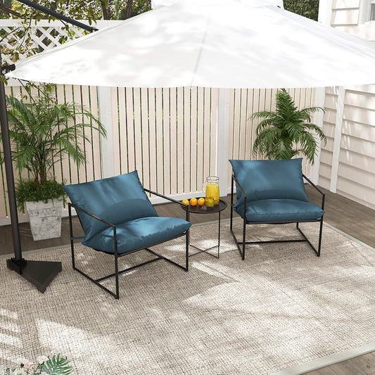 2 Pieces Sling Accent Chair Leisure Chair with Weatherproof Seat Fabric Indoor Outdoor-Navy by a patio table under an umbrella