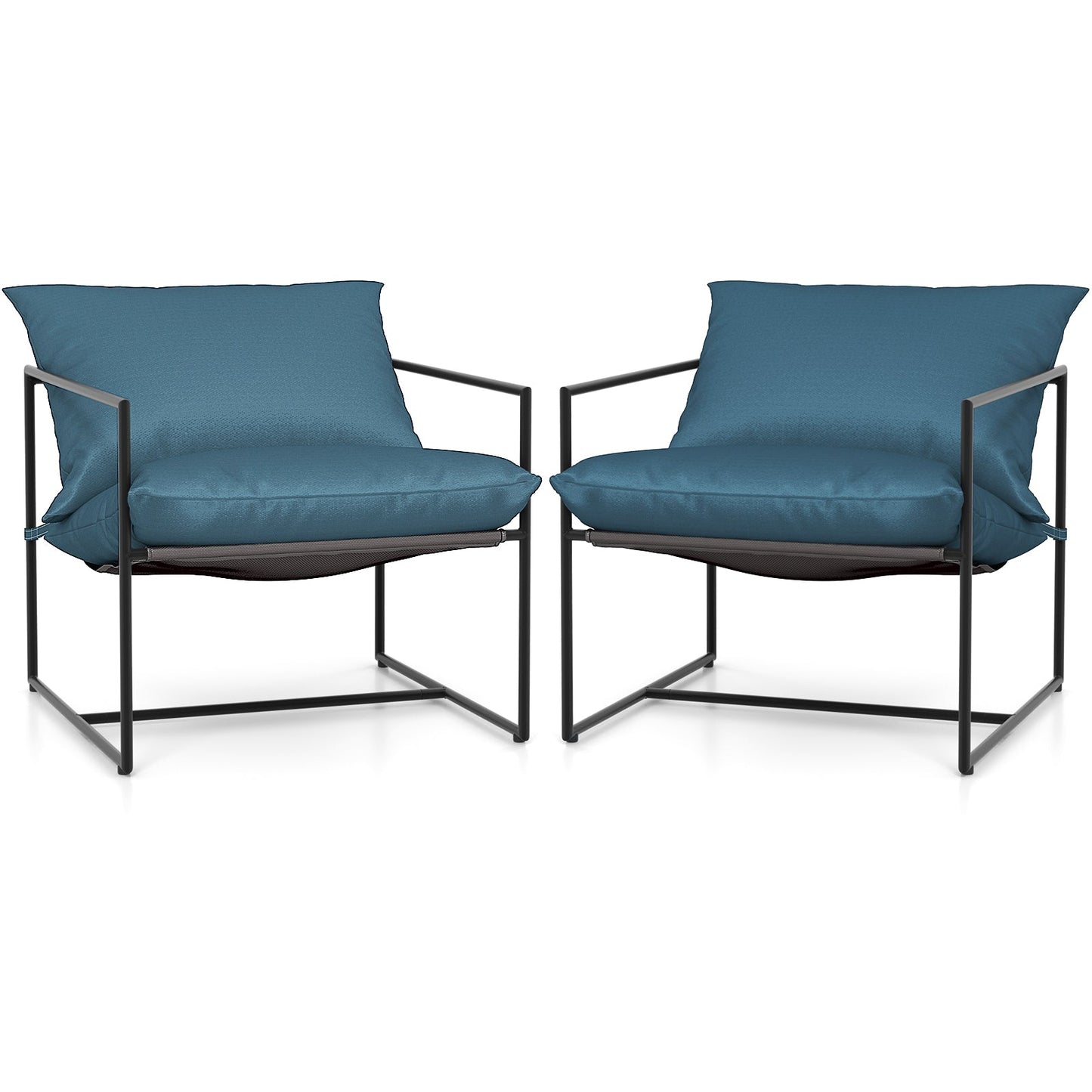 2 Pieces Sling Accent Chair Leisure Chair with Weatherproof Seat Fabric Indoor Outdoor-Navy, ergonomic with soft cushions