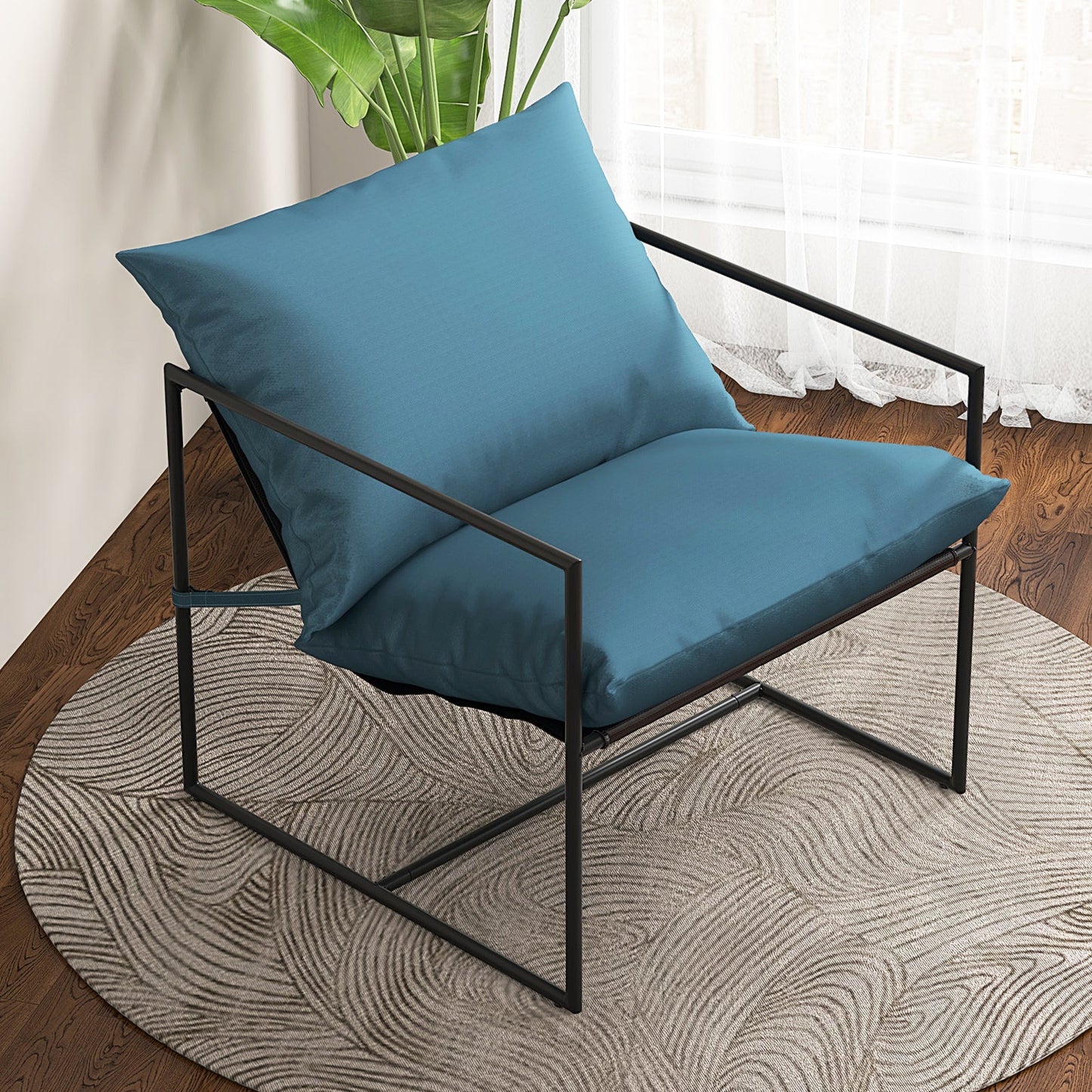 2 Pieces Sling Accent Chair Leisure Chair with Weatherproof Seat Fabric Indoor Outdoor-Navy, ergonomic design, metal frame