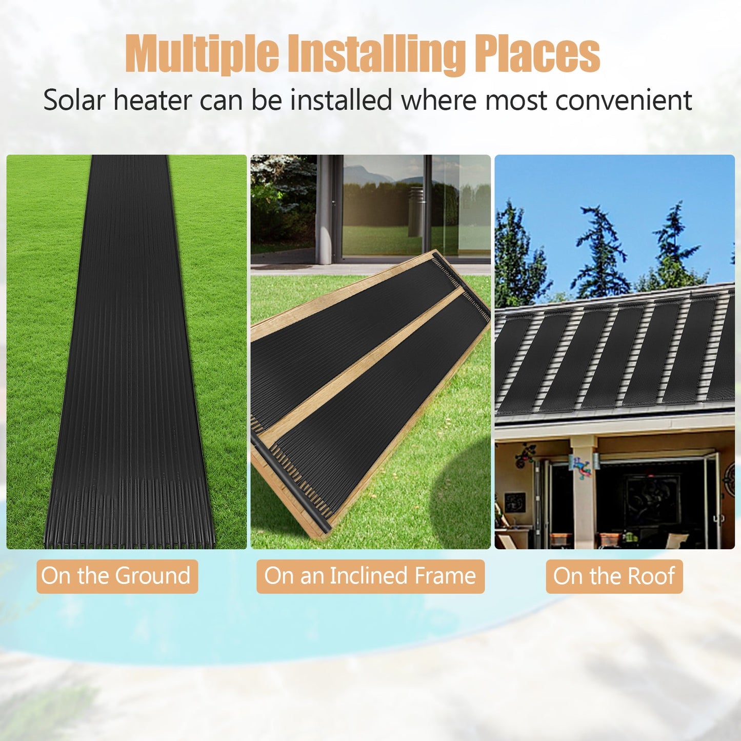 Installation options for 2 Pieces 10/16.4/20 Feet Weatherproof Solar Swimming Pool Heating System-M: ground, frame, roof.