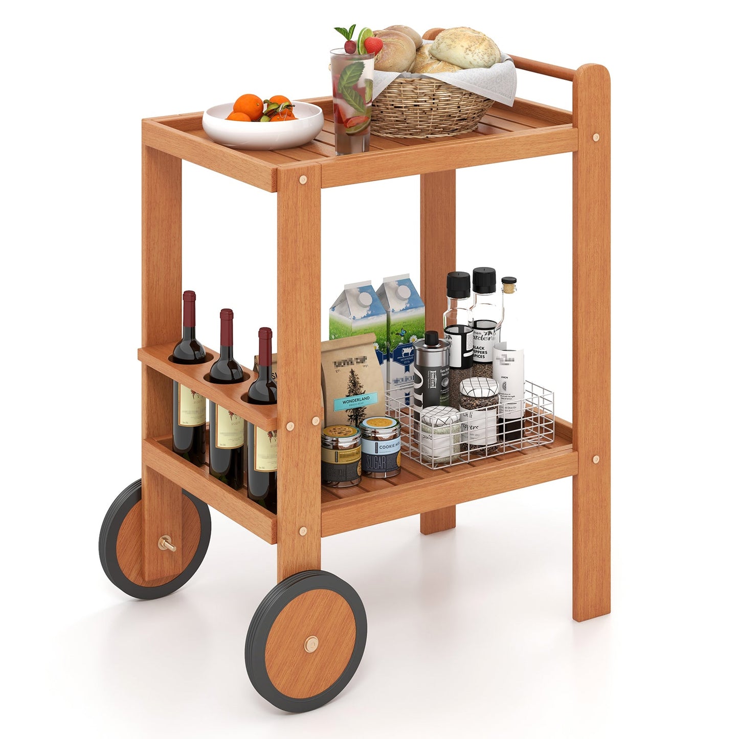 2 Tier Rolling Serving Cart with Wine Bottle Holders and 2 Rubber Wheels made of hardwood with a teak oil finish, ideal for parties.