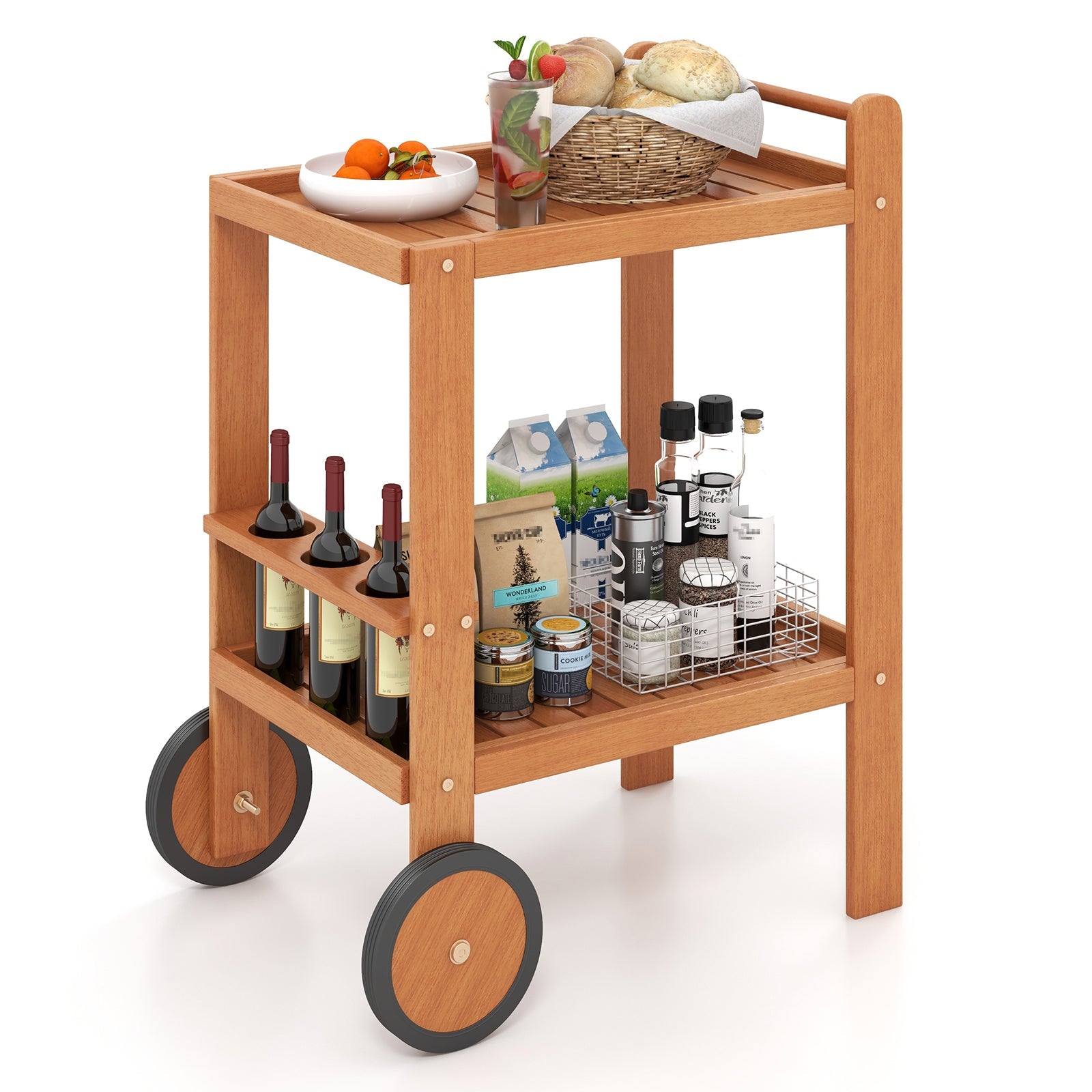 2 Tier Rolling Serving Cart with Wine Bottle Holders and 2 Rubber Wheels made of hardwood with a teak oil finish, ideal for parties.