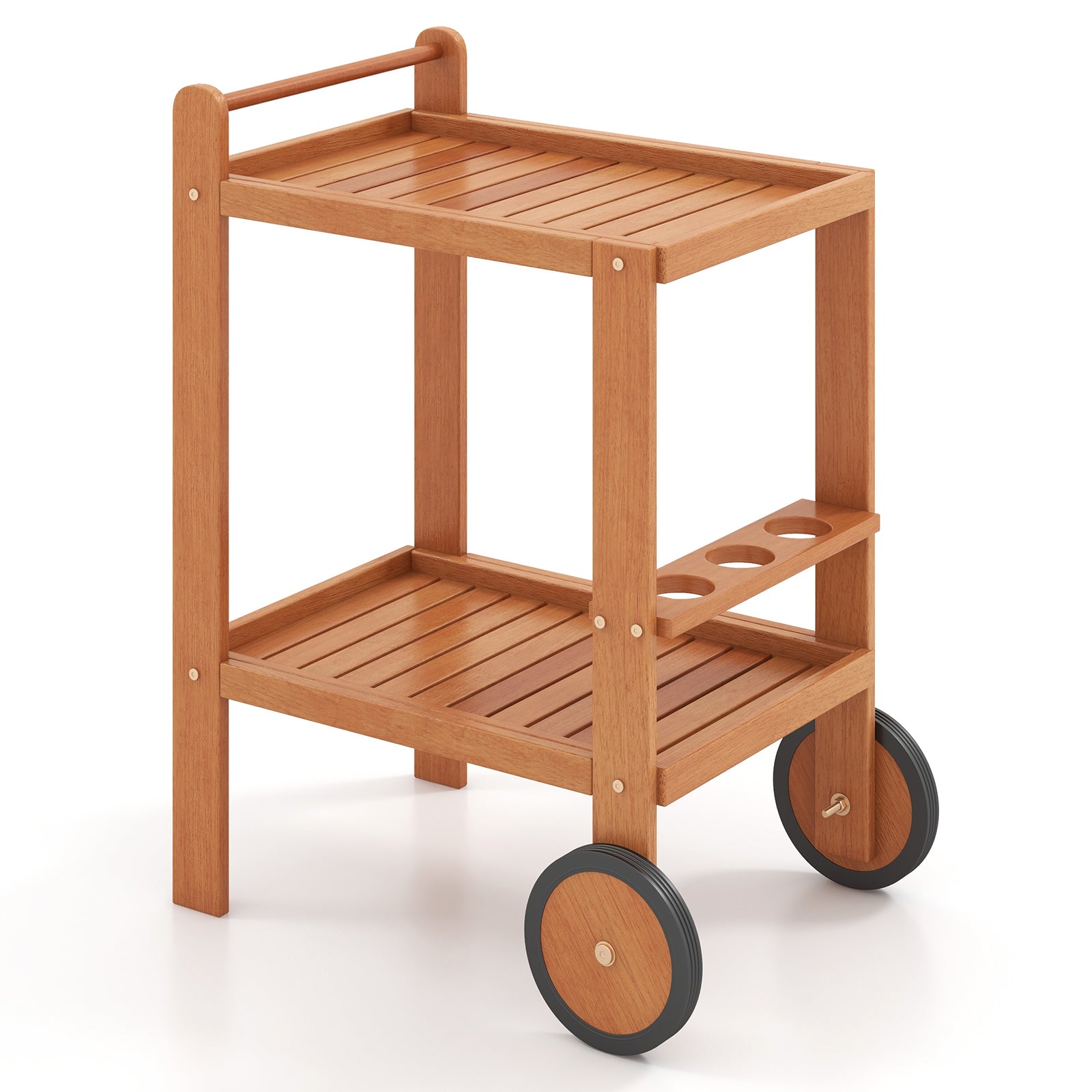 2 Tier Rolling Serving Cart with Wine Bottle Holders and 2 Rubber Wheels in hardwood with teak finish, featuring smooth mobility and slatted design.