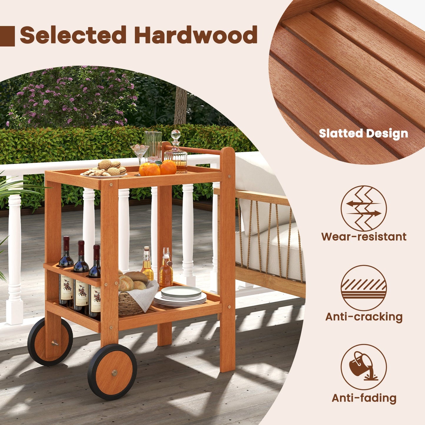 2 Tier Rolling Serving Cart with Wine Bottle Holders and 2 Rubber Wheels on patio