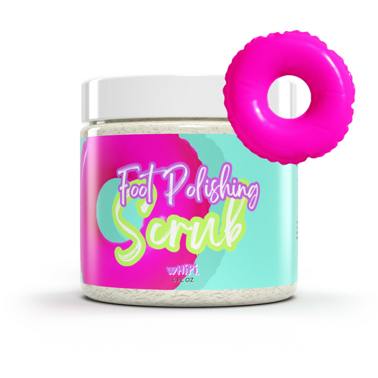 Colorful jar of Summer Perfect Pedi Foot Scrub with pink inflatable ring, designed for soft, smooth, sandal-ready feet.