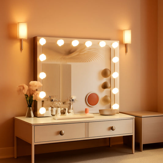 Hollywood Vanity Mirror With Lights 23x18 Aluminum USB Port on a dressing table with warm LED lighting