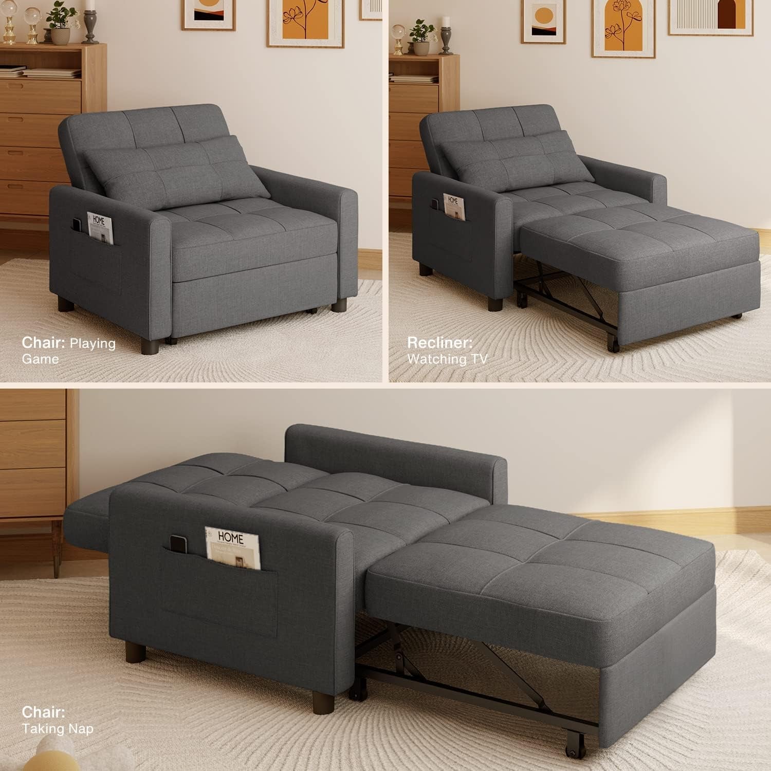 Dark Gray Sleeper Chair Bed Three In One Convertible Modern Linen Fabric Sofa in chair, recliner, and bed positions