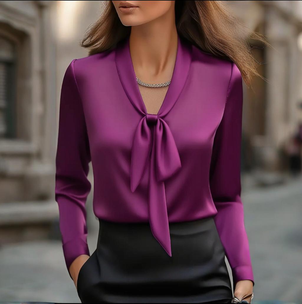 Elegant Satin Ribbon Blouse — Long Sleeve Button-Down Work Shirt with purple satin and ribbon neck detail.